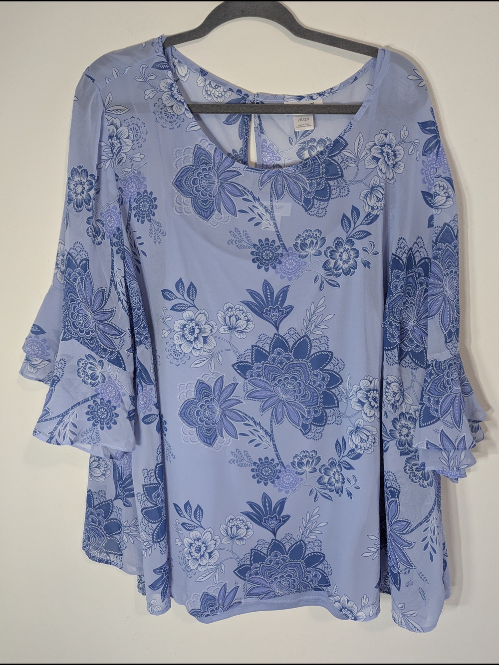 Avenue Studio 26/28 Blue Floral Bell Sleeve Blouse Plus Size Sheer Overlay Top - Picture 2 of 8